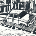 The State of the 80s: Car bomb (triptych detail), 1988 - 89. Linocut print, 23 x 27cm. (Image courtesy of the artist).