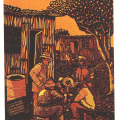 Xolani Somana, Untitled,1988. Colour reduction linocut, 44.4 x 27.2 mm. Centre for African Studies, University of Cape Town.