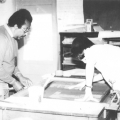 Lionel Davis, c. 1984. Registration for screen printing workshop. CAP, Chapel Street, Woodstock
