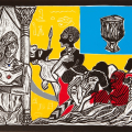 Joe Turpin, Joseph Revealing Himself to His Brothers, 2025. Linocut print on paper, 35 x 50 cm, edition of 15.
