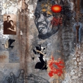 Biko, 1997. Cement, paint flakes, acrylic, bone ash rust stains, Perspex lichen, dust, décollage and photograph on Masonite. 82 x 52 cm. (Image courtesy of the artist).