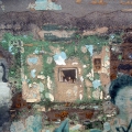 Real Estates 1, 2001. Cement, cretestone, décollage, paint flakes, lichen, ash, found object and enamel paint on board, 58 x 45 cm. (Image courtesy of the artist).