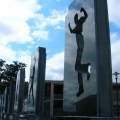Guguletu 7 Memorial, 2005. Steel, concrete, plaster, bricks, Rustenberg granite, bolts, bronze, tile adhesive and screws, 350 x 2000  x 200 cm. Commissioned by the City of Cape Town and Provincial Government (Photo by Vivien Kohler, Image courtesy of the artist)