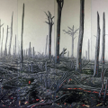 Devils Wood, 2016. Bone, bone ash, bark, wood ash, barbed wire, resin, polyurethane foam, steel on plywood, 7200 cm X 3500 cm. Delville Wood Museum, Longueval, France. (Image courtesy of the artist).