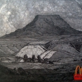 Amajuba (After Pierneef), 1997. Burnt bone, bone ash, wood ash and perspex on board, 122 x 104 cm. (Image courtesy of the artist).