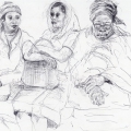 Three Women on a Train, c. 1982 – 1986. Pencil and pen on paper. 21 x 29.7 cm. (Image courtesy of the artist).