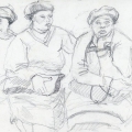 Three Women Wearing Berets, c. 1982 – 1986. Pencil on paper. 21 x 14.8 cm. (Image courtesy of the artist).