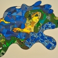 The female sea within us, 2016. Fabric collage and stitched leather rope on canvas, 115 x 162 cm. (Image courtesy of the artist).