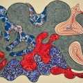 The water in blood. 2016. Fabric collage, stitched leather rope and beads on canvas. 106x140cm. (Image courtesy of the artist).