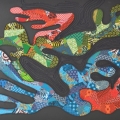 Untitled II, 2016. Fabric collage and stitched leather rope on canvas, 102 x 149 cm. (Image courtesy of the artist).