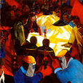 MAWU - Metal and Allied Workers Union mural, 1982. Oil on board triptych mural (NUMSA Newtown offices), 140 x 360 cm. (Image courtesy of the artist).