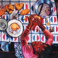 Nomthandazo Peeling Potatoes, 2013. Oil pastel on brown paper. 112 x 152 cm. (Image courtesy of the artist).