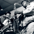 Barney Rachabane and Winston Mankunku, n.d. Photograph. Rainbow Restaurant and Jazz Club, Pinetown. (Image courtesy of the artist)