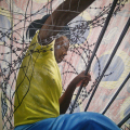 Jumper, 2015. Mixed media, African fabric on board. 100 x 100cm (Photo courtesy of the artist)