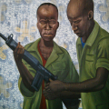 Local Terror, 2015. Mixed media, African fabric on board. 100 x 100cm (Photo courtesy of the artist)